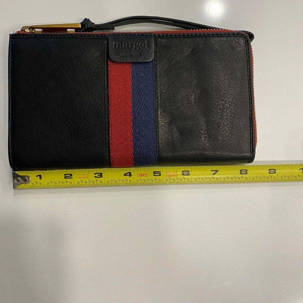 Margot New York Black Leather Wristlet Wallet Red Blue Stripe Gold Hardware EUC
